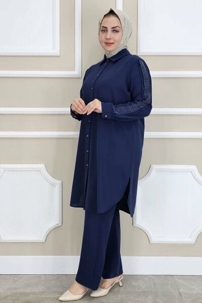 PYS KADIN KOLU TAŞ DETAYLI TESETTÜR TAKIM LACİVERT - 3 BEDEN