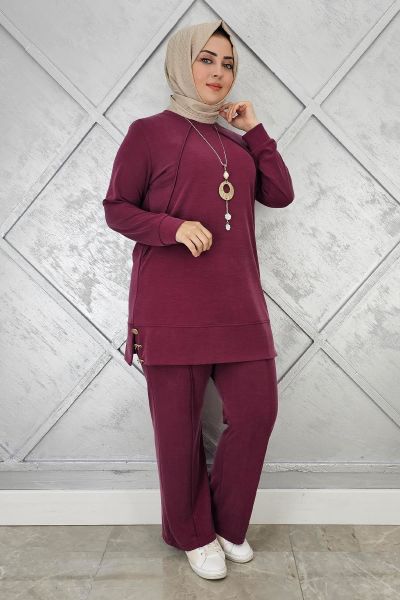 KADIN KOLYE DETAYLI NERVÜR DİKİM TESETTÜR TAKIM BORDO - 2 BEDEN