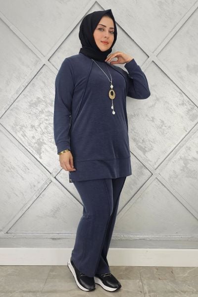 KADIN KOLYE DETAYLI NERVÜR DİKİM TESETTÜR TAKIM LACİVERT - 3 BEDEN