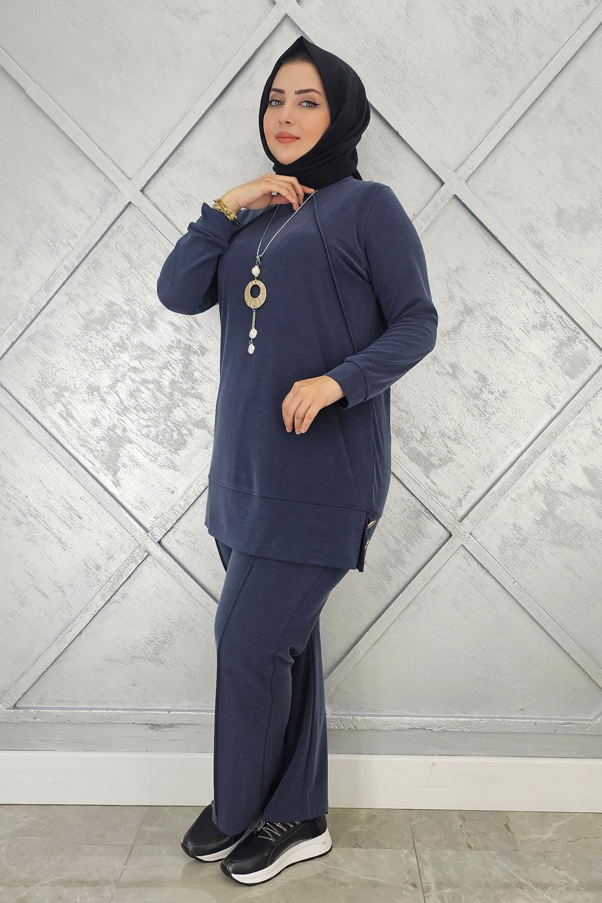 KADIN KOLYE DETAYLI NERVÜR DİKİM TESETTÜR TAKIM LACİVERT - 4 BEDEN