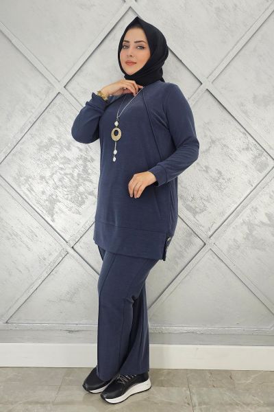 KADIN KOLYE DETAYLI NERVÜR DİKİM TESETTÜR TAKIM LACİVERT - 4 BEDEN