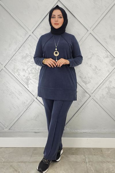 KADIN KOLYE DETAYLI NERVÜR DİKİM TESETTÜR TAKIM LACİVERT - 4 BEDEN