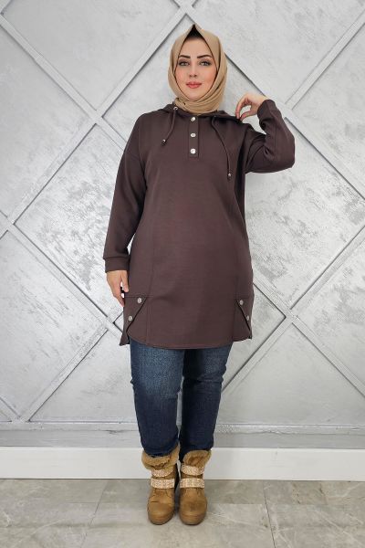 KADIN ÇIT ÇITLI KAPÜŞONLU TESETTÜR TUNİK KAHVERENGİ - 4 BEDEN