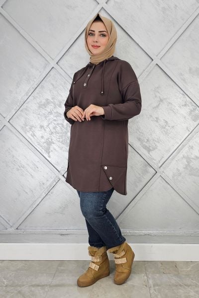 KADIN ÇIT ÇITLI KAPÜŞONLU TESETTÜR TUNİK KAHVERENGİ - 4 BEDEN