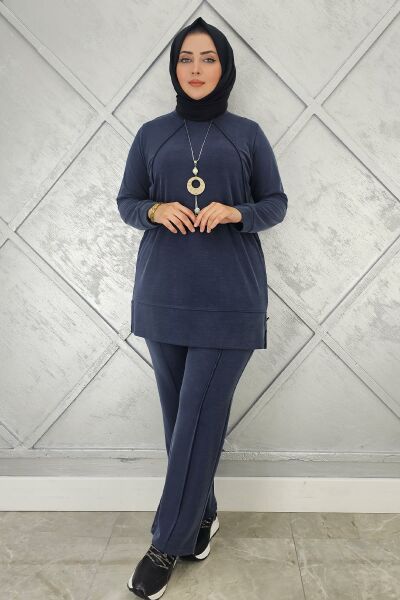 KADIN KOLYE DETAYLI NERVÜR DİKİM TESETTÜR TAKIM LACİVERT - 5 BEDEN