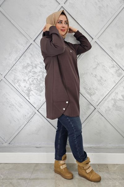 KADIN ÇIT ÇITLI KAPÜŞONLU TESETTÜR TUNİK KAHVERENGİ - 5 BEDEN