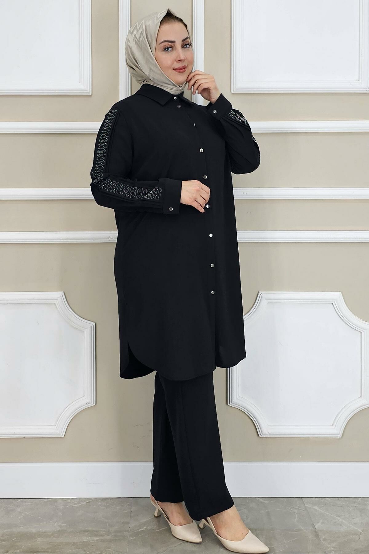 PYS KADIN KOLU TAŞ DETAYLI TESETTÜR TAKIM SİYAH - 2 BEDEN