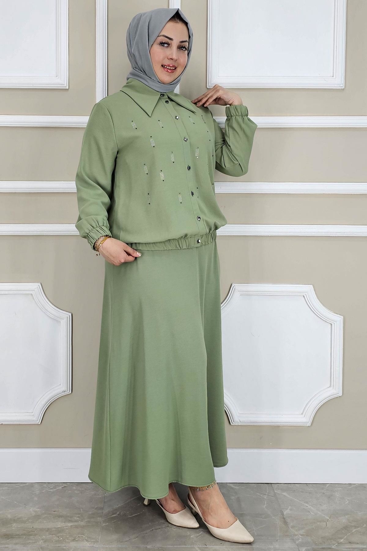 PYS KADIN TAŞ DETAYLI GÖMLEK ETEK TESETTÜR TAKIM YEŞİL - 5 BEDEN