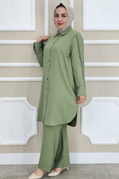 PYS KADIN KOLU TAŞ DETAYLI TESETTÜR TAKIM YEŞİL - 2 BEDEN