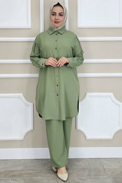 PYS KADIN KOLU TAŞ DETAYLI TESETTÜR TAKIM YEŞİL - 2 BEDEN