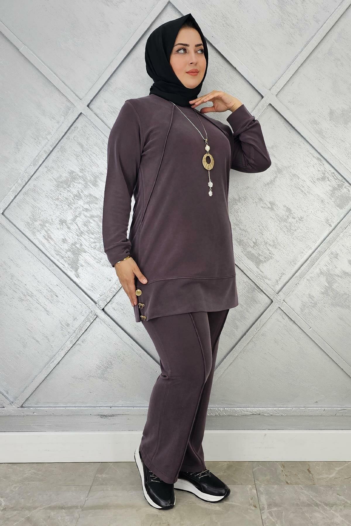 KADIN KOLYE DETAYLI NERVÜR DİKİM TESETTÜR TAKIM KAHVERENGİ - 3 BEDEN