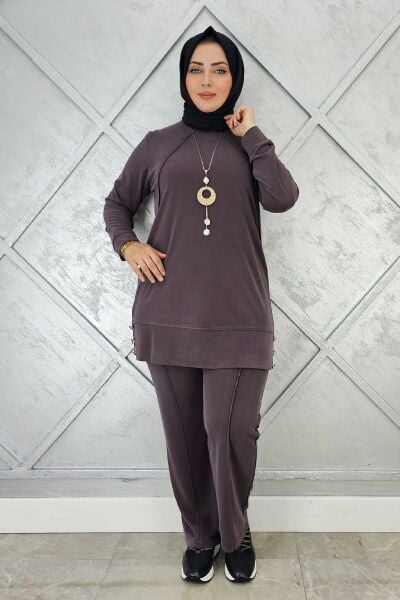 KADIN KOLYE DETAYLI NERVÜR DİKİM TESETTÜR TAKIM KAHVERENGİ - 3 BEDEN