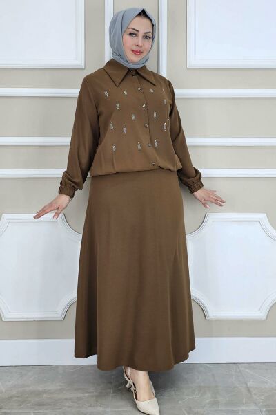 PYS KADIN TAŞ DETAYLI GÖMLEK ETEK TESETTÜR TAKIM KAHVERENGİ - 2 BEDEN
