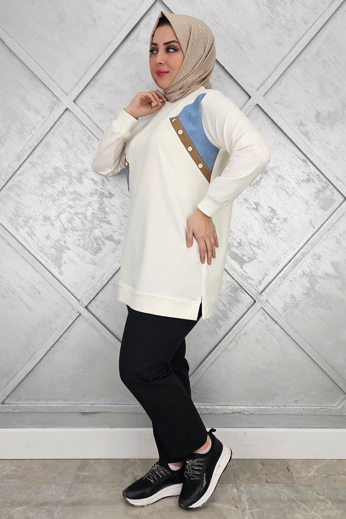 KADIN DÜĞME DETAYLI KOMBİNLİ TESETTÜR TUNİK EKRU - XL