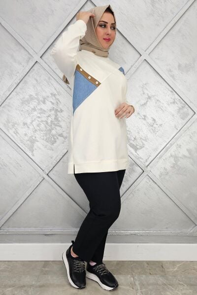 KADIN DÜĞME DETAYLI KOMBİNLİ TESETTÜR TUNİK EKRU - XL