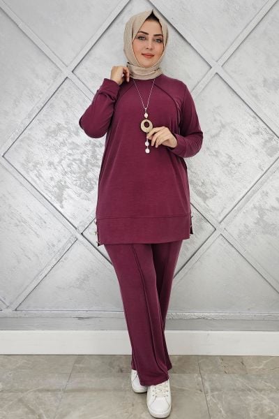 KADIN KOLYE DETAYLI NERVÜR DİKİM TESETTÜR TAKIM BORDO - 3 BEDEN