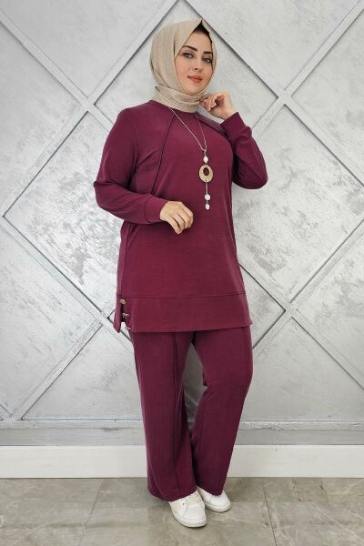 KADIN KOLYE DETAYLI NERVÜR DİKİM TESETTÜR TAKIM BORDO - 5 BEDEN