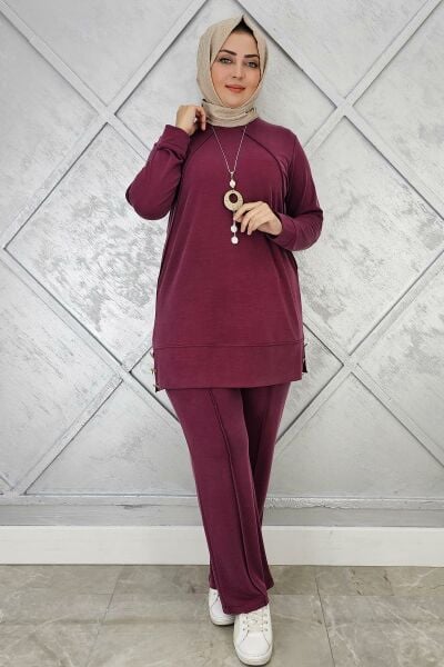 KADIN KOLYE DETAYLI NERVÜR DİKİM TESETTÜR TAKIM BORDO - 5 BEDEN