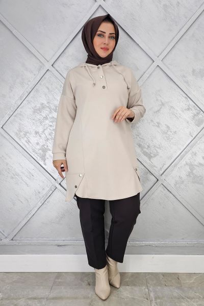 KADIN ÇIT ÇITLI KAPÜŞONLU TESETTÜR TUNİK TAŞ - 5 BEDEN