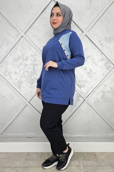 KADIN DÜĞME DETAYLI KOMBİNLİ TESETTÜR TUNİK İNDİGO - XL