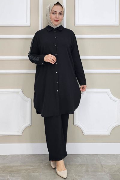 PYS KADIN KOLU TAŞ DETAYLI TESETTÜR TAKIM SİYAH - 3 BEDEN
