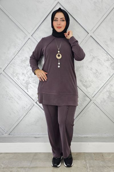 KADIN KOLYE DETAYLI NERVÜR DİKİM TESETTÜR TAKIM KAHVERENGİ - 5 BEDEN