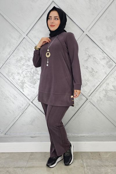 KADIN KOLYE DETAYLI NERVÜR DİKİM TESETTÜR TAKIM KAHVERENGİ - 5 BEDEN