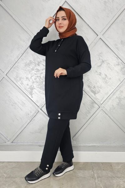 KADIN BOĞAZI ÇIT ÇIT DETAYLI TESETTÜR TAKIM SİYAH - 5 BEDEN
