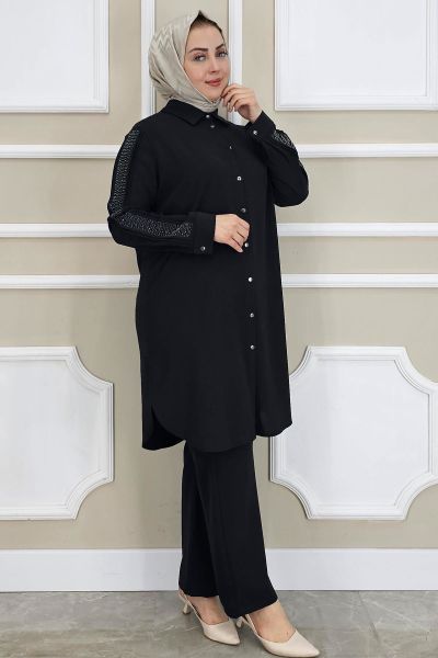 PYS KADIN KOLU TAŞ DETAYLI TESETTÜR TAKIM SİYAH - 4 BEDEN