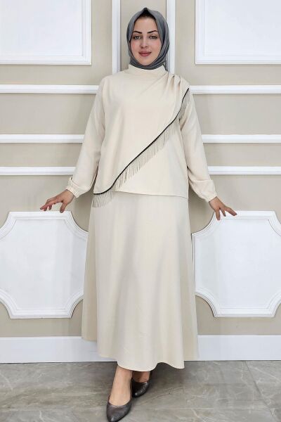 KADIN PÜSKÜL AKSESUARLI TESETTÜR TAKIM TAŞ - 5 BEDEN