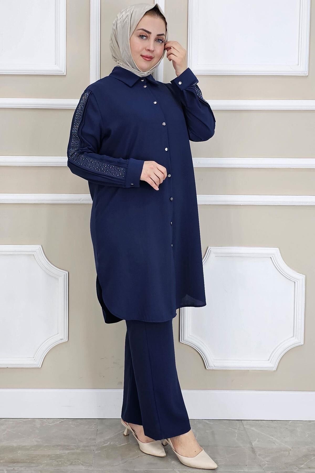 PYS KADIN KOLU TAŞ DETAYLI TESETTÜR TAKIM LACİVERT - 5 BEDEN