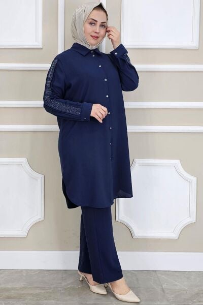 PYS KADIN KOLU TAŞ DETAYLI TESETTÜR TAKIM LACİVERT - 5 BEDEN