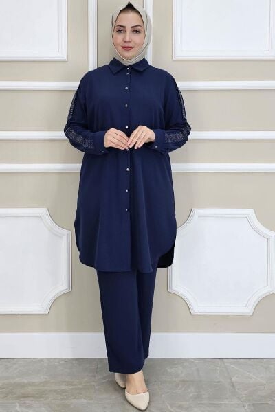 PYS KADIN KOLU TAŞ DETAYLI TESETTÜR TAKIM LACİVERT - 5 BEDEN