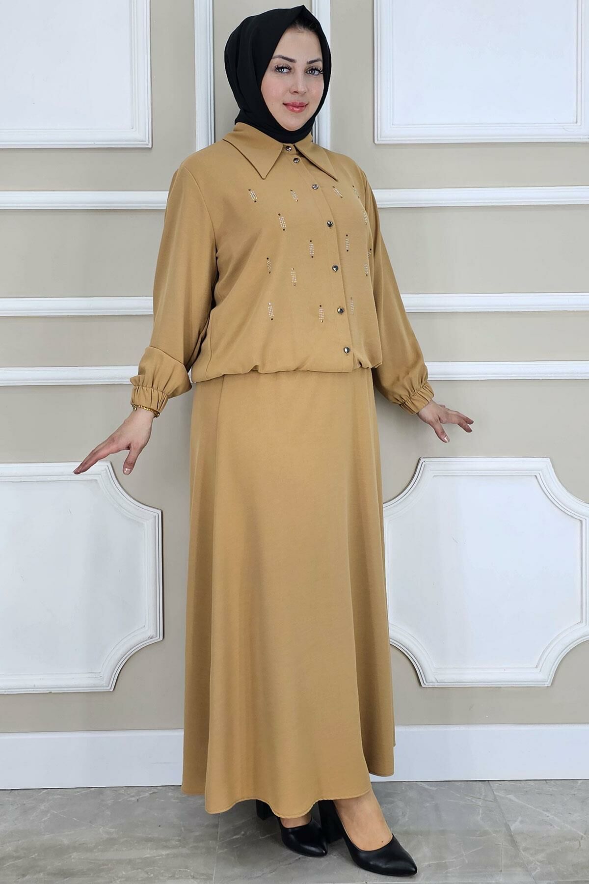 PYS KADIN TAŞ DETAYLI GÖMLEK ETEK TESETTÜR TAKIM CAMEL - 4 BEDEN