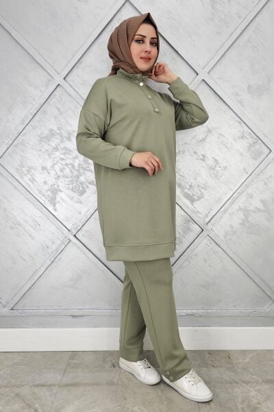 KADIN BOĞAZI ÇIT ÇIT DETAYLI TESETTÜR TAKIM HAKİ - 5 BEDEN