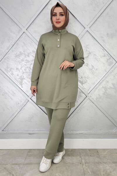 KADIN BOĞAZI ÇIT ÇIT DETAYLI TESETTÜR TAKIM HAKİ - 5 BEDEN