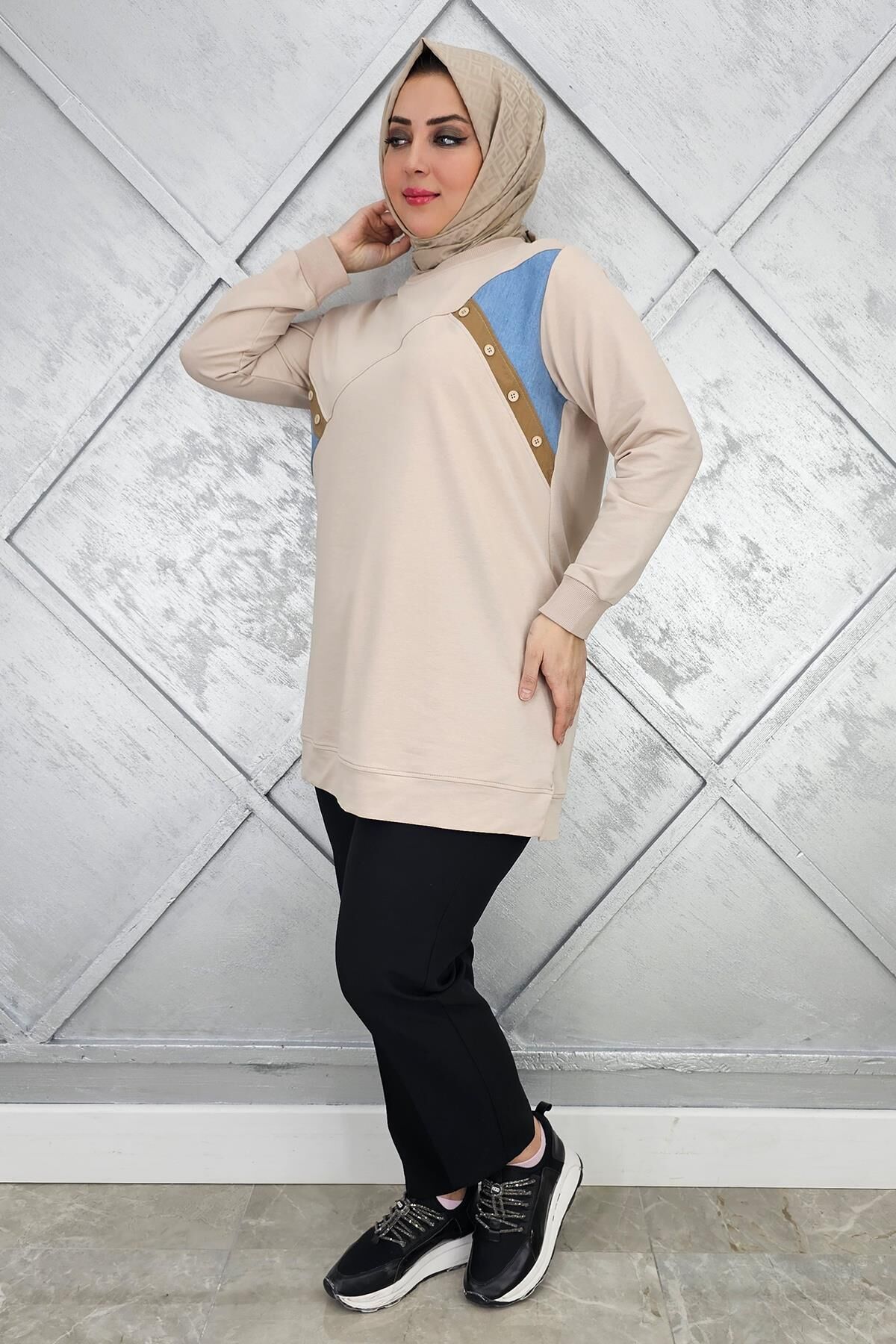KADIN DÜĞME DETAYLI KOMBİNLİ TESETTÜR TUNİK BEJ - XL