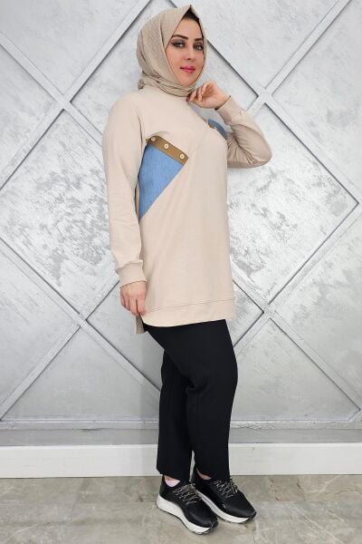 KADIN DÜĞME DETAYLI KOMBİNLİ TESETTÜR TUNİK BEJ - XL