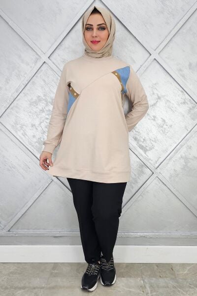 KADIN DÜĞME DETAYLI KOMBİNLİ TESETTÜR TUNİK BEJ - XL