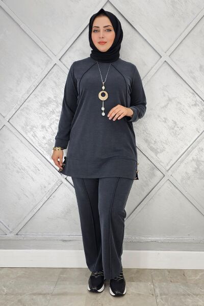 KADIN KOLYE DETAYLI NERVÜR DİKİM TESETTÜR TAKIM SİYAH - 2 BEDEN