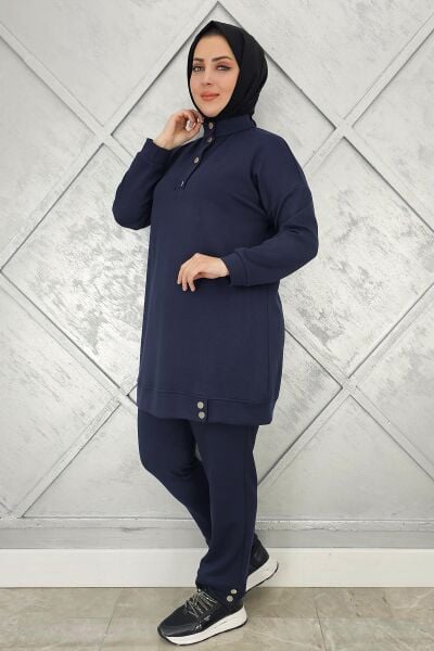 KADIN BOĞAZI ÇIT ÇIT DETAYLI TESETTÜR TAKIM LACİVERT - 4 BEDEN