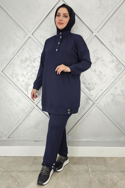 KADIN BOĞAZI ÇIT ÇIT DETAYLI TESETTÜR TAKIM LACİVERT - 4 BEDEN
