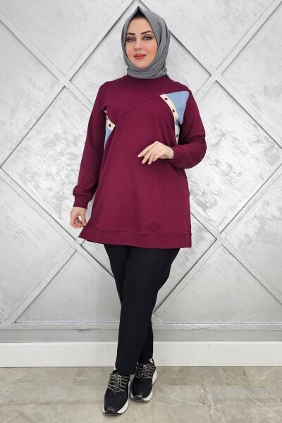 KADIN DÜĞME DETAYLI KOMBİNLİ TESETTÜR TUNİK BORDO - L