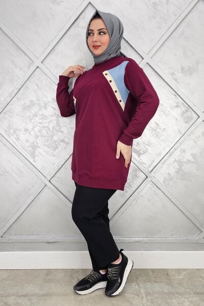 KADIN DÜĞME DETAYLI KOMBİNLİ TESETTÜR TUNİK BORDO - L