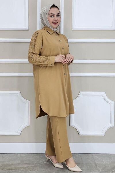 PYS KADIN KOLU TAŞ DETAYLI TESETTÜR TAKIM CAMEL - 2 BEDEN