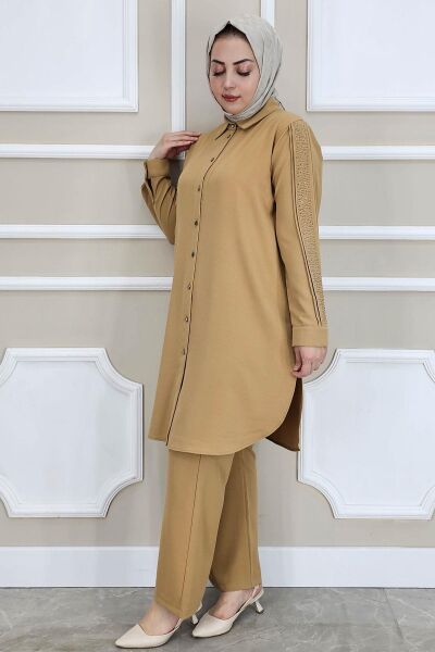 PYS KADIN KOLU TAŞ DETAYLI TESETTÜR TAKIM CAMEL - 2 BEDEN