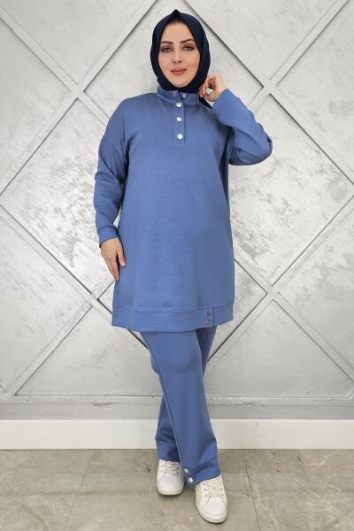 KADIN BOĞAZI ÇIT ÇIT DETAYLI TESETTÜR TAKIM İNDİGO - 2 BEDEN