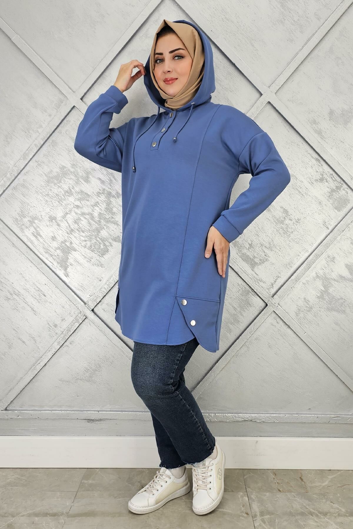 KADIN ÇIT ÇITLI KAPÜŞONLU TESETTÜR TUNİK İNDİGO - 2 BEDEN