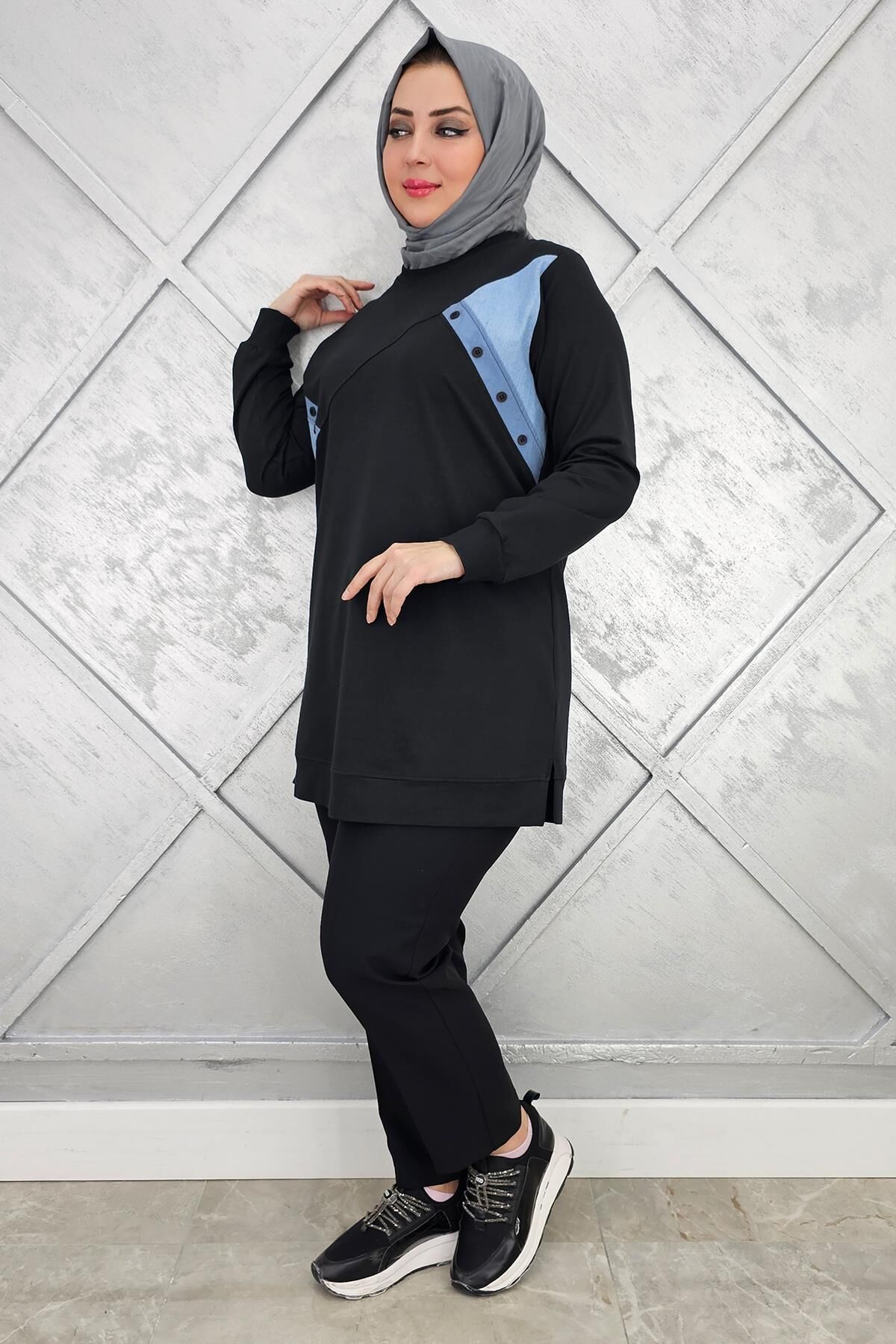 KADIN DÜĞME DETAYLI KOMBİNLİ TESETTÜR TUNİK SİYAH - XL