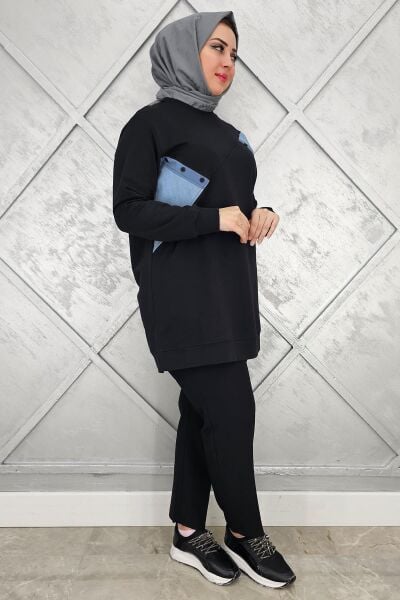 KADIN DÜĞME DETAYLI KOMBİNLİ TESETTÜR TUNİK SİYAH - XL